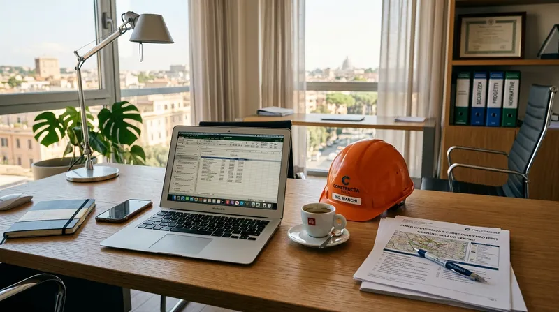 Scrivania di consulenza con elmetto e documenti di sicurezza